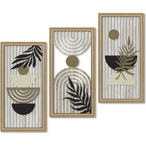 Lot de 3 décorations murales bohémiennes abstraites - Décoration murale moderne géométrique botanique en bois - Mid-Century - Minimaliste - Impressions esthétiques neutres pour le salon (1/5)
