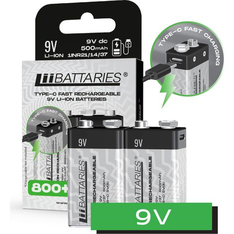 Batteria ricaricabile agli ioni di litio ad alte prestazioni LiiBattaries 9V USB-C (confezione da 2) 500mAh 9V (1/5)
