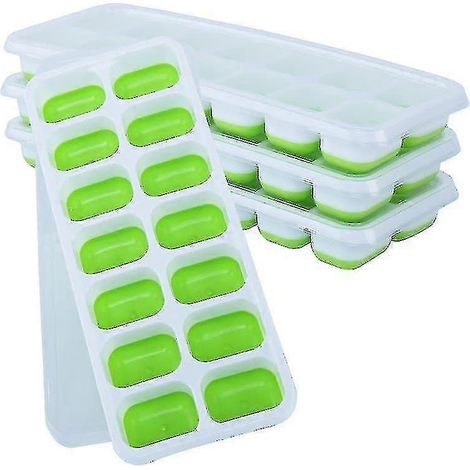 Quatre moules à glaçons en silicone à démoulage facile, permettant de réaliser 14 glaçons, adaptés aux compartiments du congélateur. (1/2)