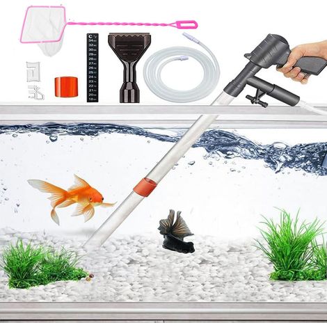 Aspiratore per substrato acquario, aspiratore per sabbia, adatto per cambi d'acqua, fornito con termometro per acquario e retino per pesci, utilizzato per la pulizia del substrato e della sabbia dell'