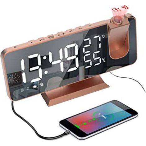 Deckenprojektionswecker, Digitaluhr mit Spiegelbildschirm und Projektordimmer, 15 Lautstärken, 2 Klingeltöne, FM-Radiowecker - Roségold