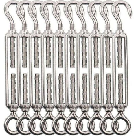 Crochet et oeil de tendeur M5, tendeur de fil de tendeur en acier inoxydable 10 pièces, tendeurs réglables robustes pour fil de jardin, fil de clôture, éclairage extérieur suspendu (1/5)