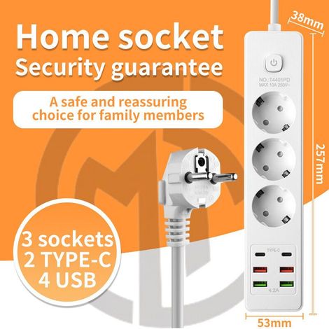 Multiprise Convertisseur EU 10A/250V – Idéal Bureau & Voyages,Cordon d'alimentation de 2 mètres (1/5)