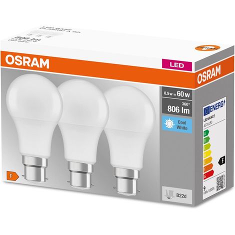 OSRAM Ampoule LED avec Culot B22d, Blanc froid, Paquet de 3 Ampoules LED, Blanc Froid 4000 K , Efficacité 8,50 W équivalent à 60 W (1/5)