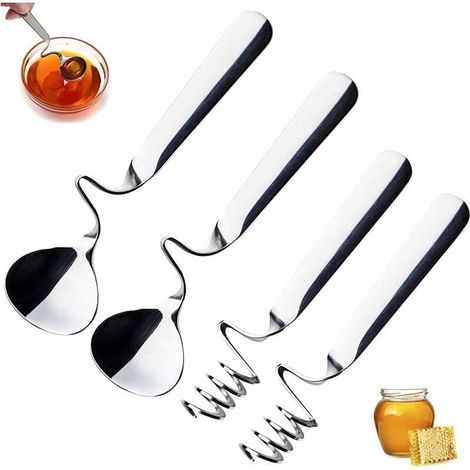 Cuillère à Miel et Confiture,4 Pcs Cuillères en Acier Inoxydable,Cuillère à Dessert,Couverts Spirale,Jam Pot à Miel Distributeur,Convient pour la Confiture, Le Yaourt et Le Miel (1/4)