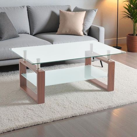 Tavolino da salotto Tally con doppio piano in vetro e gambe effetto legno noce (1/2)