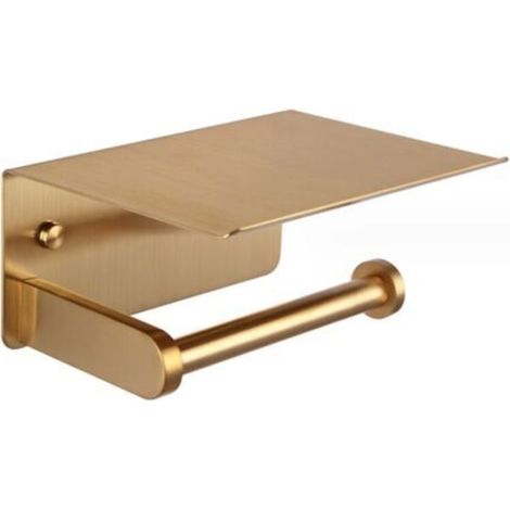 Toilet Paper Holder, Wall-Mounted Toilet Paper Holder with Storage Shelf, Self-Adhesive, Aluminum (Gold) (1/5)
