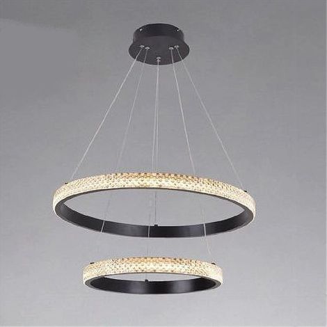 TRADE SHOP - Lampadario Sospensione Led 60 W 2 Cerchi Anelli Cristallo Telecomando Nero 31968 - (1/4)