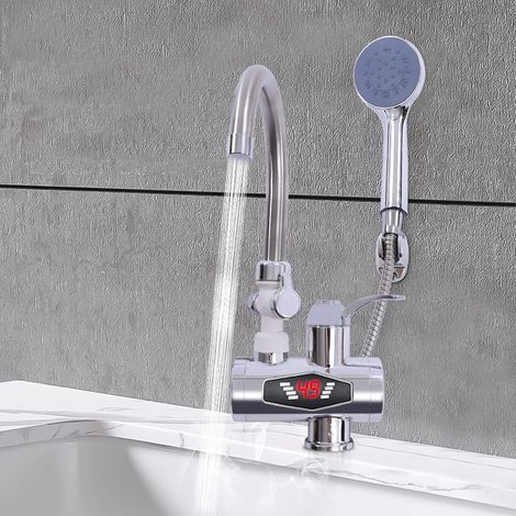 LCD Elektrischer Durchlauferhitzer Wasserhahn mit Dusche Warmwasser 360° Drehen Warm Armatur Küchenarmatur mit Temperaturanzeige Sofort Heizung Armatur für Bad Küche