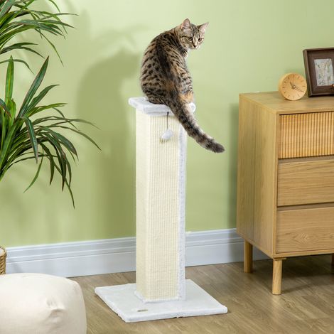 Griffoir Chat Poteau Sisal et Peluche, Boule Suspendue, 41x41x81 cm, Blanc et Crème (1/5)