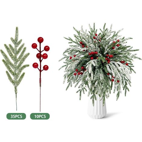 Branches Artificielles De Pin - Avec Baies Rouges - Pour Décoration De Noël Intérieure - Lot De 12 Pièces (1/3)