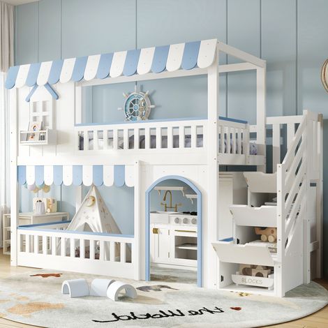 Kinder-Etagenbett 90x200 cm aus Kiefer und MDF, weiß, mit Stauraum, ohne Matratze – MEUBLIV (1/5)