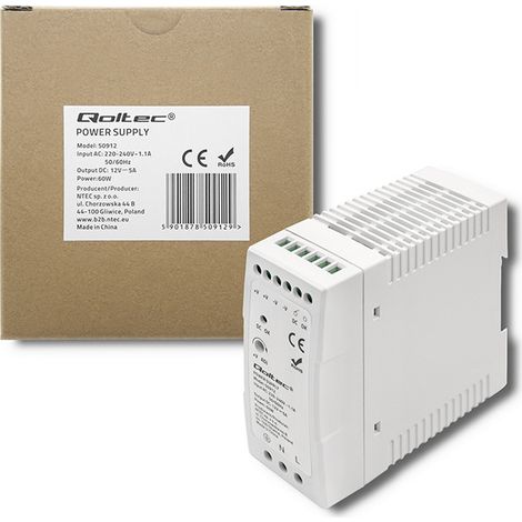 Alimentatore Qoltec per guida DIN  60 W  12 V  5 A  Bianco  Sottile (1/5)