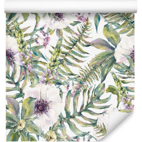 Papel pintado de hojas y flores para salón y dormitorio, 50x1000 cm. (1/5)