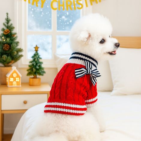 Pull en tricot pour petits chiens avec un nœud (Taille L, Rouge) (1/5)