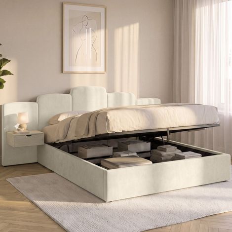 Cama doble con cajones CLOUD, con cabecero acolchado + mesitas de noche integradas y somier de 160 x 200 cm en terciopelo beige (1/5)