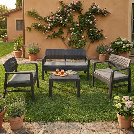 Ensemble de salon d'extérieur Carpi, Composition de jardin avec 2 fauteuils, 1 canapé et 1 table basse, Salon effet rotin avec coussins, Anthracite (1/5)