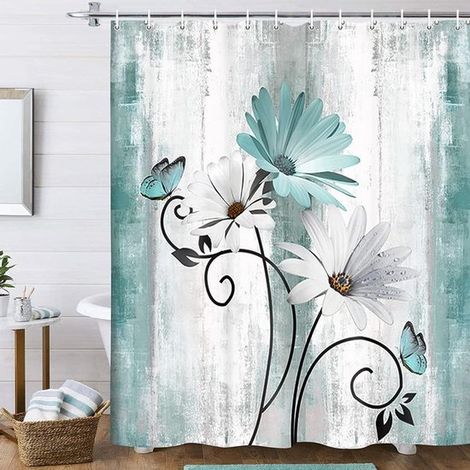 Rideau de douche rustique à motifs floraux et papillons - Décoration de salle de bain hydrophobe Vert-Bleu/Turquoise (1/5)