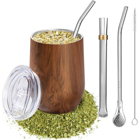 Tasse maté acier inoxydable 18/8 - 1, Double paroi bois calebasse bombilla brosse nettoyage - Naturel Aucuneary (1/5)