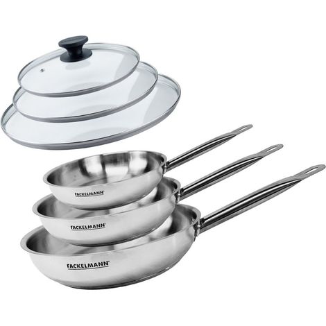 Set de 3 poêles 20 24 et 28 cm en inox et 3 couvercles en verre Fackelmann Eterna