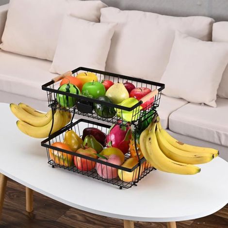 Support Fruits 2 Niveaux Détachable, Cintres Bananes Intégrés, Fil Métallique, Comptoir Cuisine, Noir (1/5)