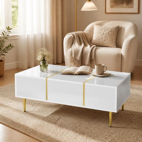 Mesa de centro 100x60x41,5 cm de MDF blanco con almacenaje moderno FloraGrace (1/5)