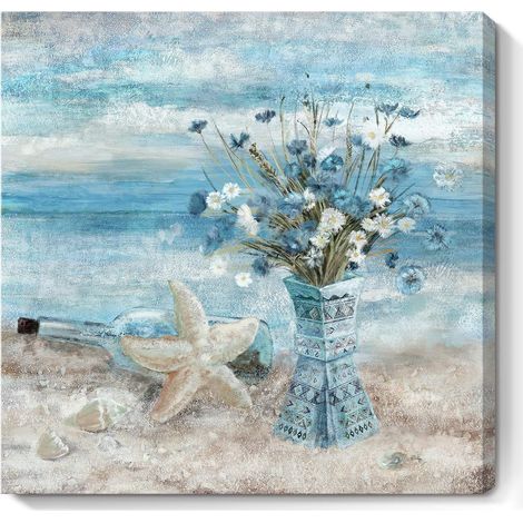 Bathroom Decor Wall Art Blue Beach Picture Ocean Theme Flower Canvas Print Modern Coastal Seascape Framed Painting Seaside Artwork Floral Daisy (1/5)