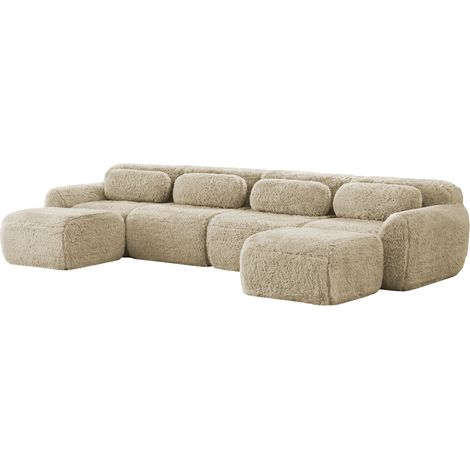 Canapé modulable d’angle en tissu, format U, sans montage, avec assise moelleuse et coussins, convertible en L ou 4 places pour salon, kaki clair CHICFURN (1/5)