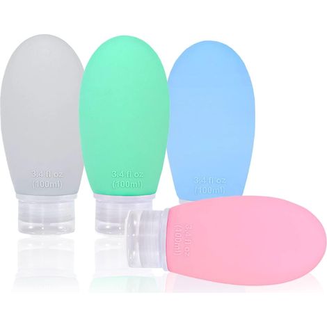 Silicone Travel Flask，4Pcs 100ml Leakproof Empty Bottle Container Kit，Refillable Portable Travel Accessories，FDA Approved BPA Free (1/5)