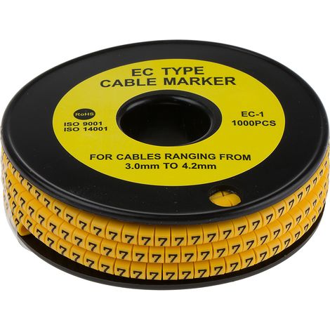 Repère câble , Ø câble 3 4.2mm, texte : 7, Noir sur Jaune ( Prix pour Bobine de 1000 )