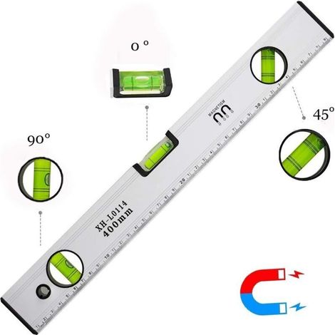Livella a bolla da 40 cm, magnetica, con 3 fiale ad alta visibilità, corpo in alluminio, punte robuste per angoli orizzontali, verticali e a 45°, precisione +/- 0,5 mm - Righello integrato (1/4)