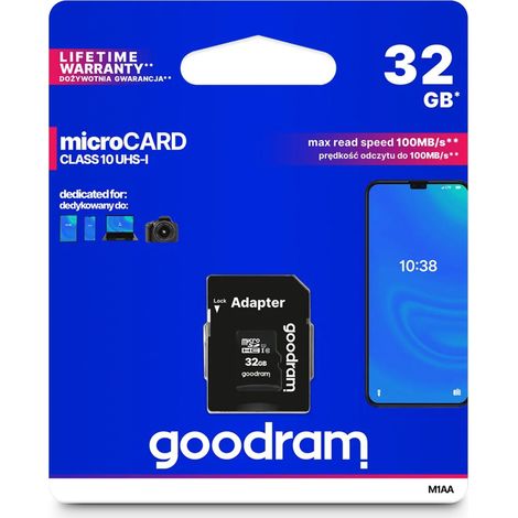 Carte mémoire microSD rapide GoodRam 32 Go avec adaptateur C10 U1 100 Mo/s (1/5)