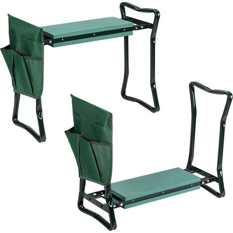 Jiubiaz Banco de jardín plegable 2 en 1 con cojín para rodillas de espuma EVA, estructura de acero 150 kg, asiento cómodo con bolsa de herramientas desmontable