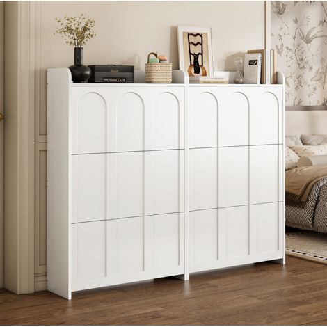 Meuble à chaussures 140x25x120 cm blanc en MDF avec 6 portes abattantes et rangement multi-niveaux (1/5)