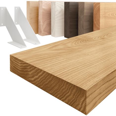 LAMO Manufaktur étagère murale en bois massif, bord régulier, étagère de rangement Vintage, bois rustique / équerre blanche 90cm, LWG-01-A-003-90VW