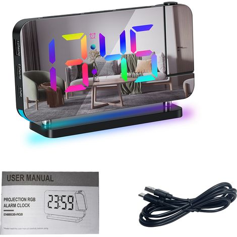 Projection Alarm Clock for Bedroom 7-inch RGB Colorful LED Digital Clock with Mirror Surface 6-level Brightness Dimmer USB Charger Snooze Function 12/24H 11 Colors 180 Degrees Projector on Ceiling (1/5)