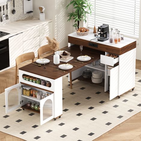 Îlot cuisine extensible 110,5x50,5x95,5 cm MDF blanc/noyer, prises, gain de place – MEUBLIV (1/5)