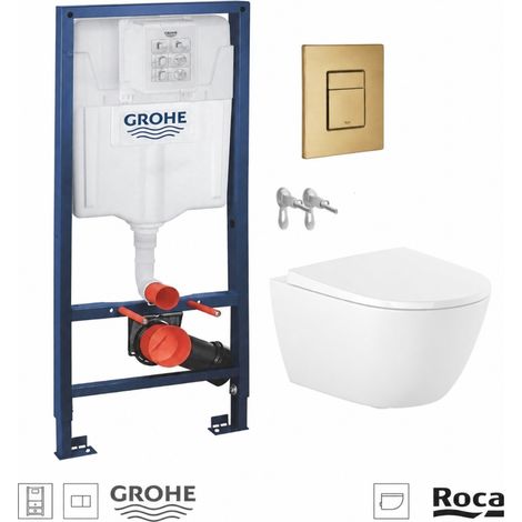 Pack WC inodoro suspendido con bastidor GROHE Rapid SL y pulsador skate oro cepillado y inodoro ROCA Ona Rimless (1/4)