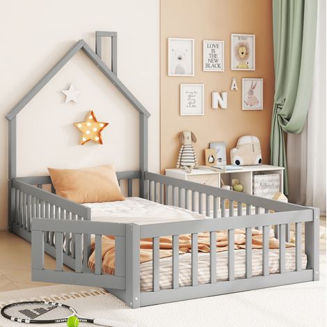 MEUBLIV Lit cabane 90x200 cm gris – forme cheminée, avec barrières, sans matelas (1/5)