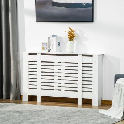 Mobile Copricalorifero Larghezza Regolabile e Mensola Superiore in MDF e Legno, 140-202x19x82.5cm, Bianco