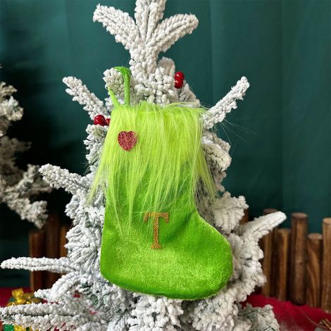 Chaussette De Noël - Tricotée En Laine - Brodée Lettre - Pour Arbre De Noël Et Cheminée - 18 X 12 5 Cm - 1 Pièce (1/5)