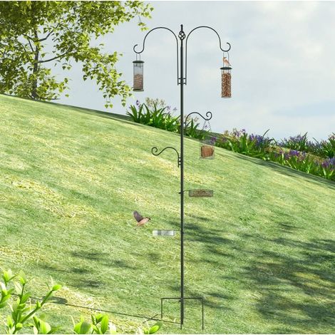 Station d'alimentation pour oiseaux en acier noir, 208 cm, 4 crochets, coupelles et plateau, pour graines, noix et eau, jardin facile à installer CHICFURN (1/5)