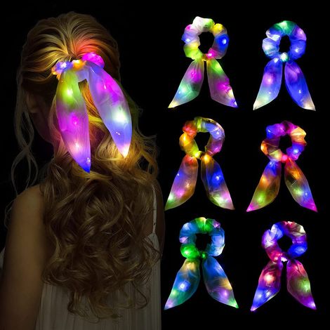 Lot de 6 élastiques à cheveux lumineux LED, chouchous brillants pour fille, attaches à queue de cheval néon, idéal fête Halloween Noël Anniversaire Nouvel An (1/5)