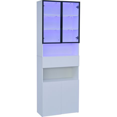 Vetrina alta bianca 70 x 30 x 200 cm con ante in vetro, cassetto, vani e LED (1/5)