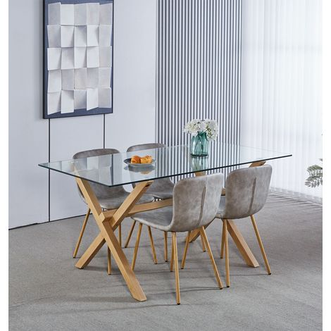 Hallowood Furniture Cullompton Large Glass Dining Table and Chair Set 4, Wood Effect Crossed-Leg Kitchen Table with 4 Taupe Faux Leather Upholstered Chairs, Dining Room Sets for Home & Cafe (1/5)