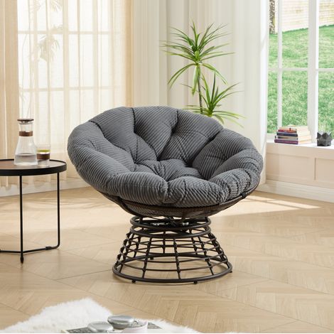 Fauteuil papasan rotatif 92x92x67 cm en métal et rotin PE marron/gris, moderne pour salon FloraGrace (1/5)