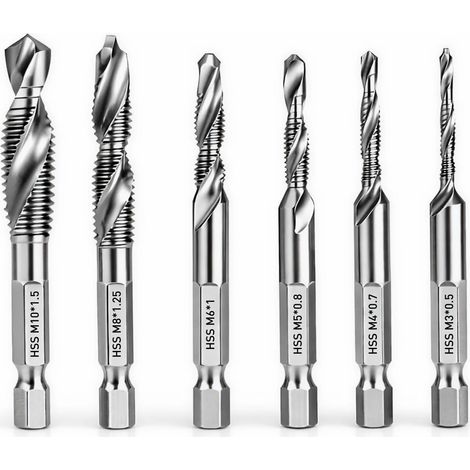 Lot de 6 Foret Taraudeur Combinés M3 M4 M5 M6 M8 M10 avec Queue Hex 6 mm Kit Taraudage pour Taraud Machine Taraud M3 M10 Perçage Filetage Rapide Revêtement Anti Corrosion Coffret Pratique (1/5)