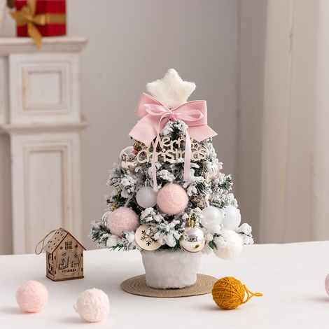 Mini Árbol de Navidad Artificial Rosa de 35 cm, Acabado Nevado para Escritorio y Decoración del Hogar (1/4)