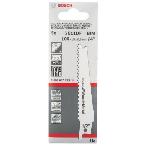 BOSCH S511DF Paquete de 5 hojas de sierra de sable cortas para madera y metal