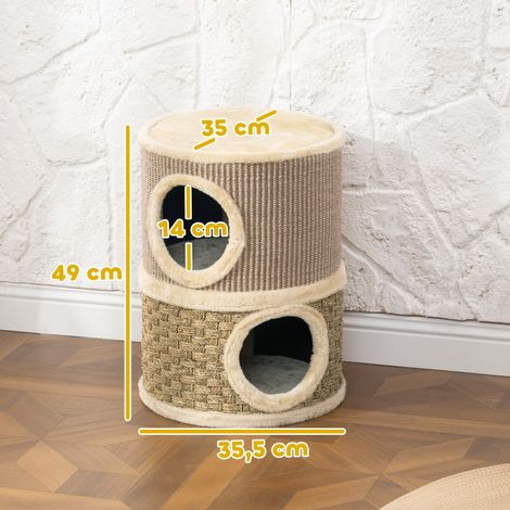 Tonneau à gratter pour chat arbre à chat sisal naturel et herbiers marins recouvert de peluche 35.5x35.5x49cm kaki café (1/5)